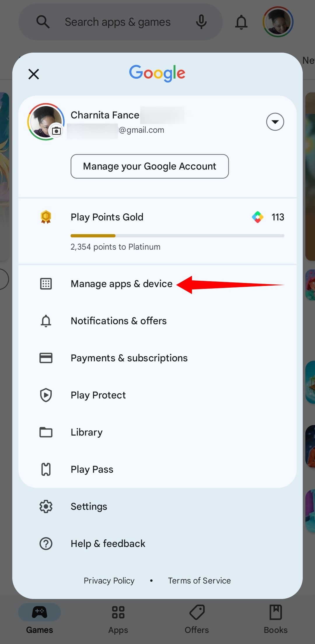 Screenshot of the Manage apps & device menu option in the Google Play Store mobile app