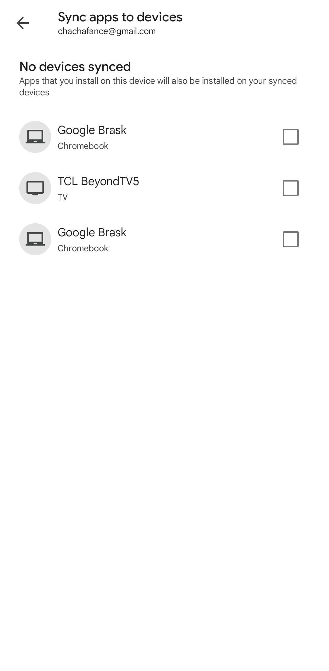 Screenshot of the Sync apps to devices options in the Google Play Store mobile app