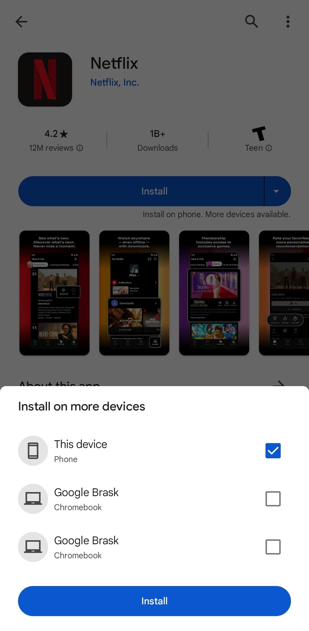 Screenshot showing the ability to install Google Play apps on multiple devices