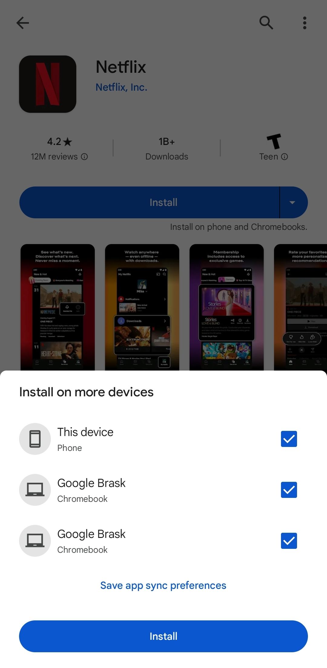 Screenshot showing multiple devices selected for a Google Play app installation