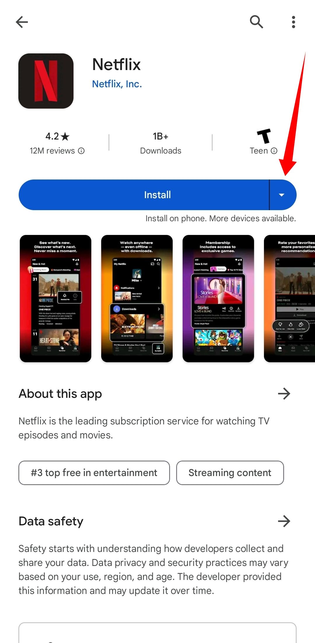 Screenshot of the Netflix app installation page in the Google Play Store