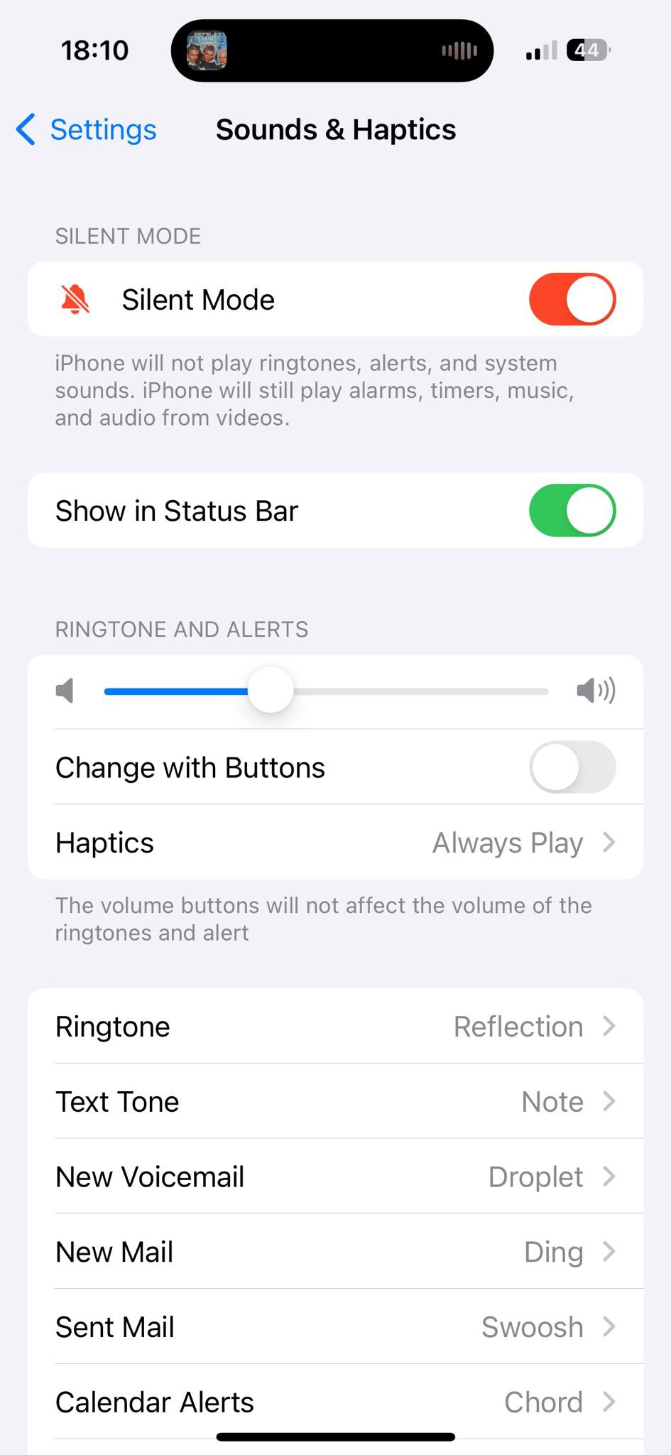 Screenshot of the iPhone's Sound and Haptics settings screen