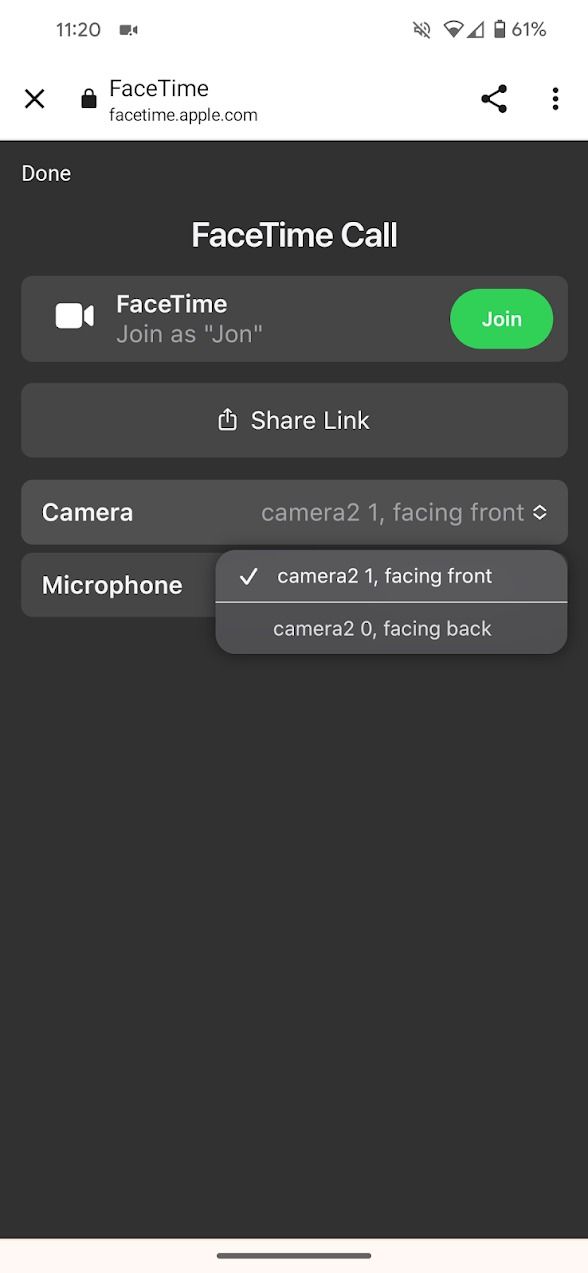 camera settings for facetime for mobile browsers
