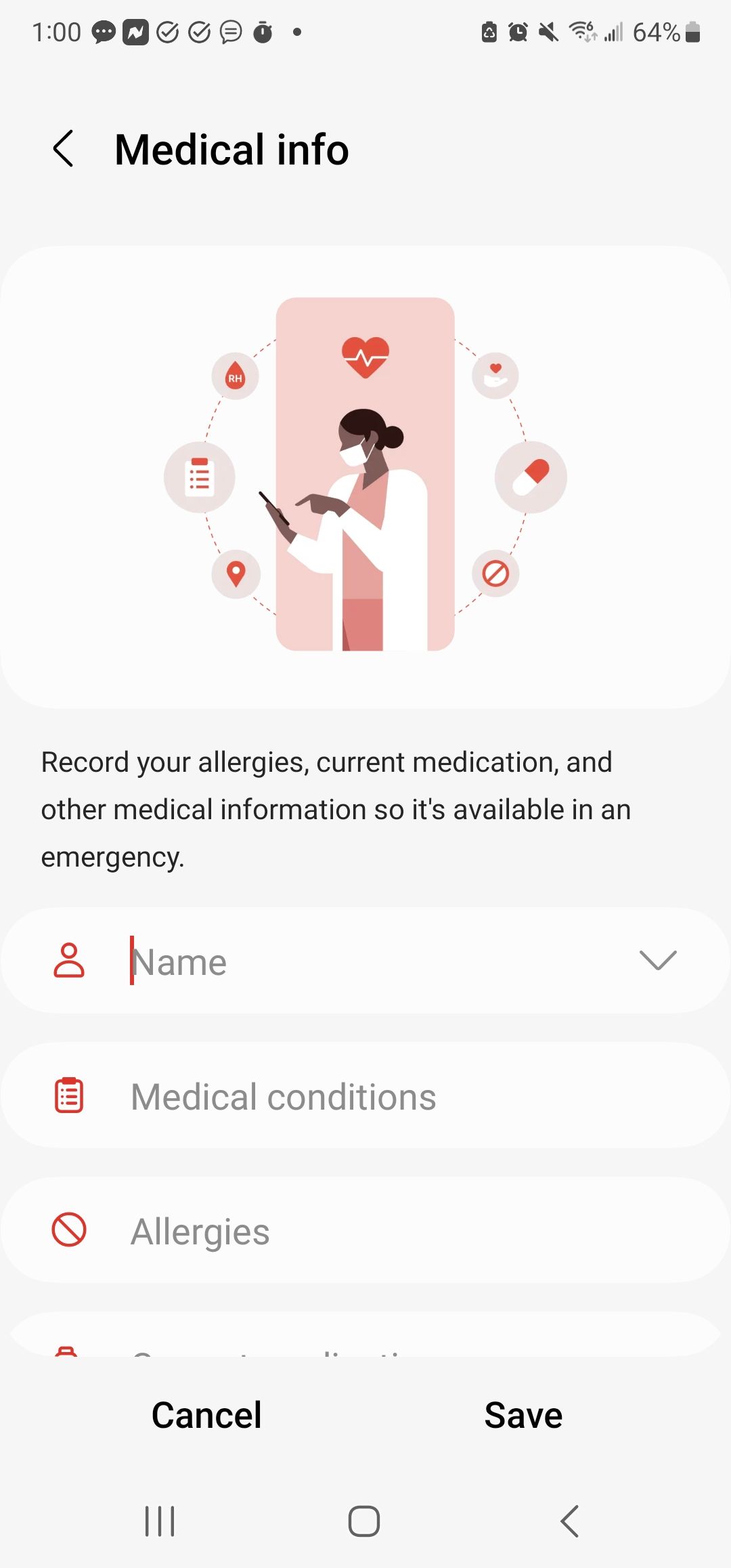A screenshot of Android's "Medical info" page.