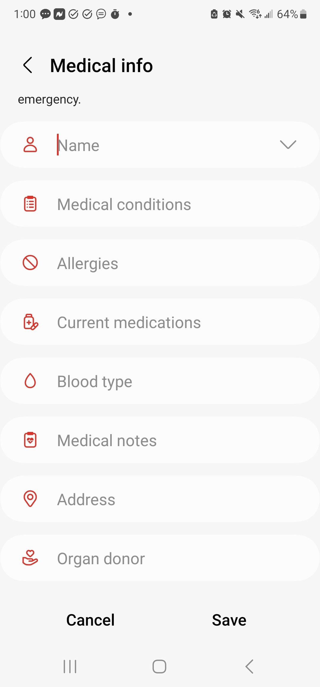A screenshot of Android's "Medical info" page with the boxes blank.