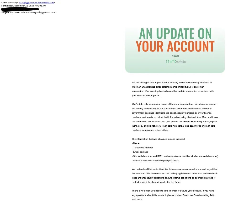 Mint Mobile Data Breach Email
