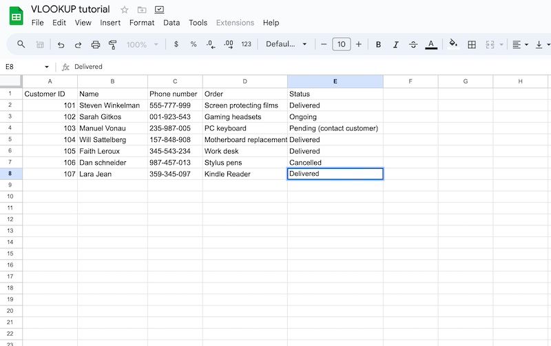 Mock spreadsheet containing customer information for a hardware store