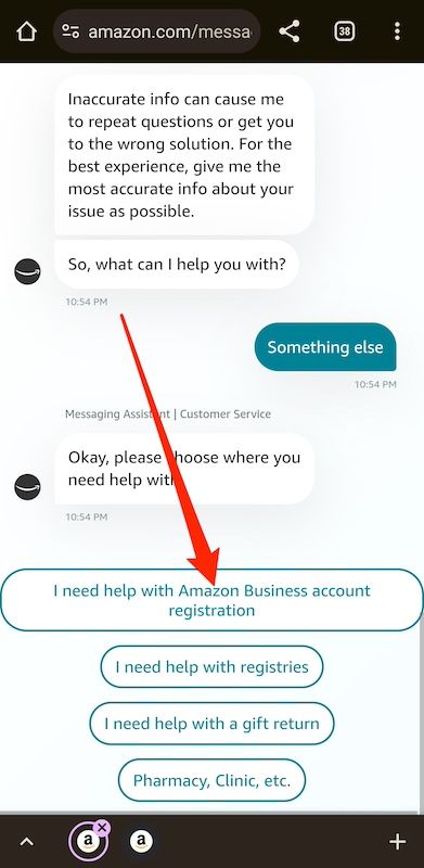 More chatbot options on Amazon mobile website