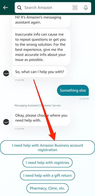 More chatbot options on Amazon Shopping app