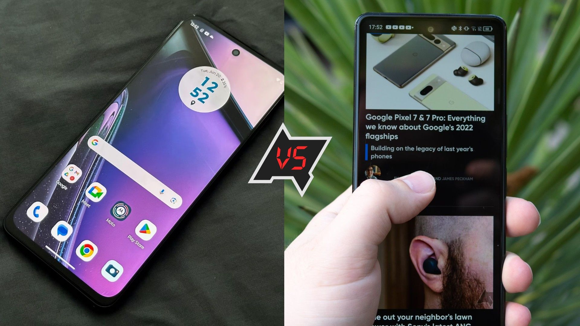 A photo showing the Moto G Stylus 5G (2023) and a hand holding the TCL Stylus 5G