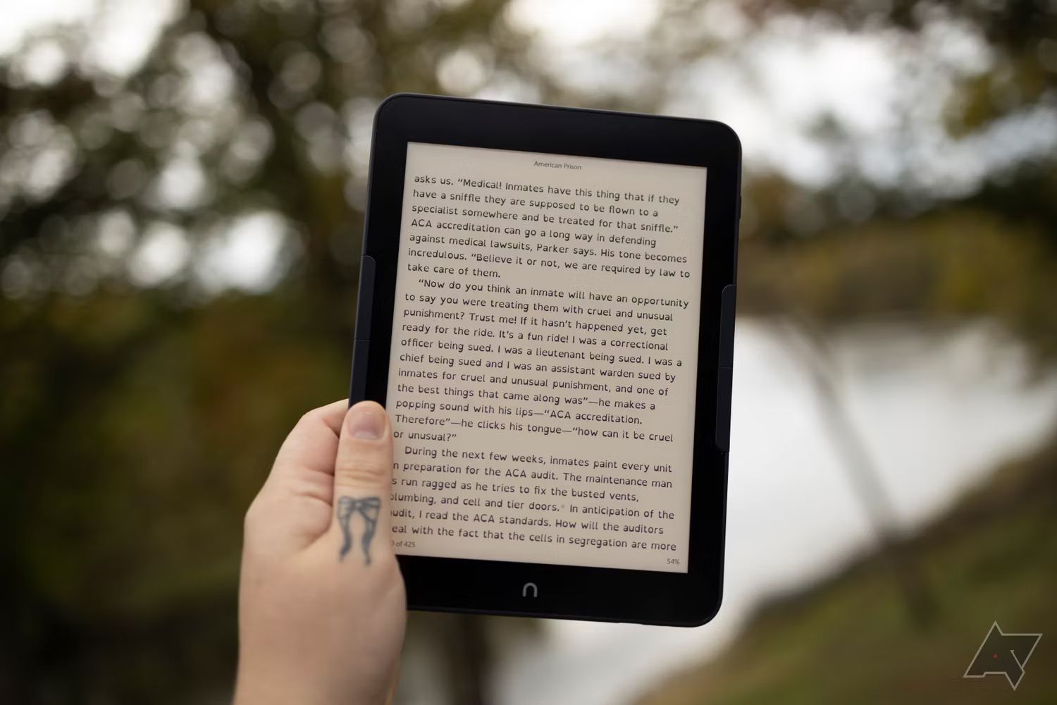 Nook Glowlight 4 Plus review held in hand outside showing screen with text
