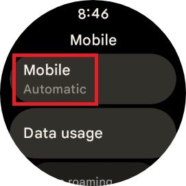 Mobile settings on a Google Pixel Watch 2 with a red box around the Mobile automatic setting