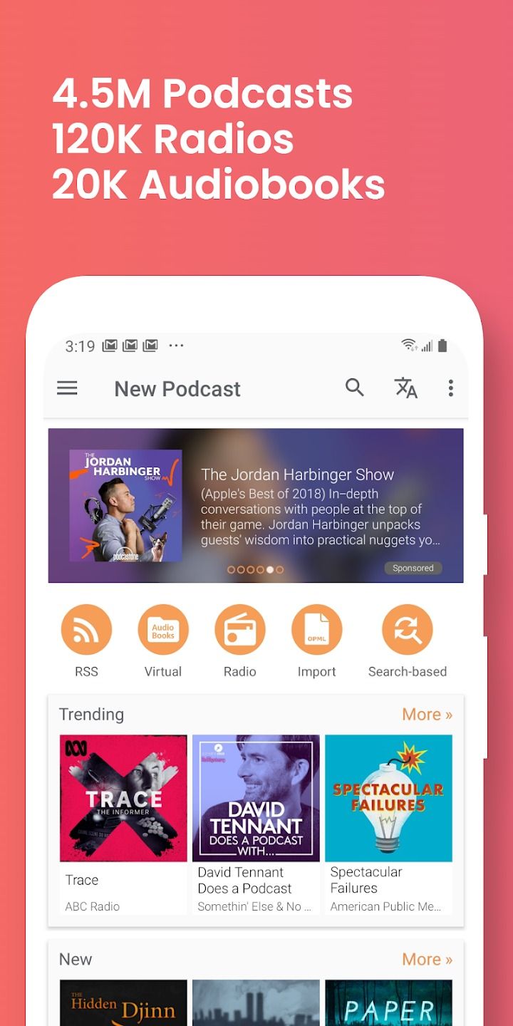 podcast addict app in front of a red and orange background