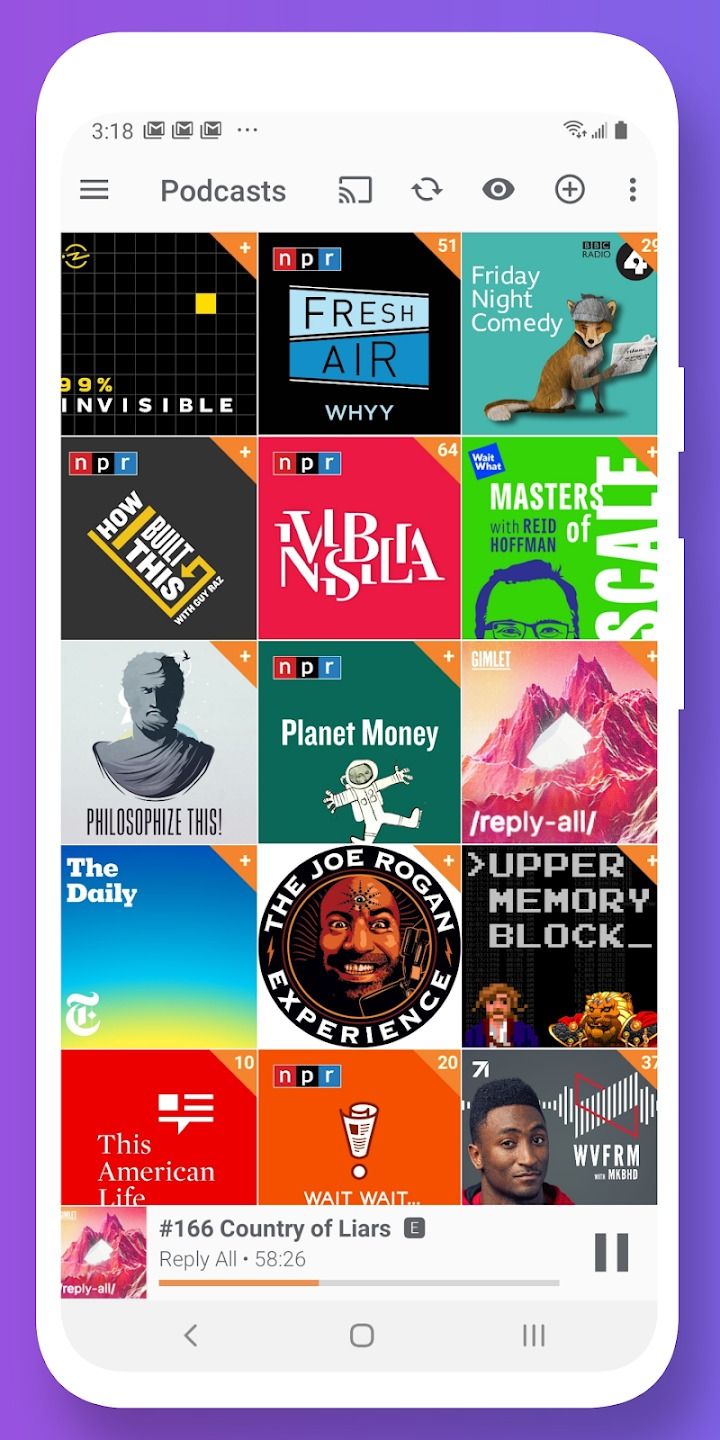 tile layout of podcasts in podcast addict app in front of a purple background