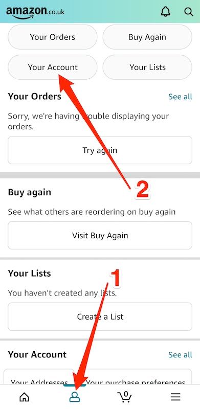 Profile options on Amazon Shopping app