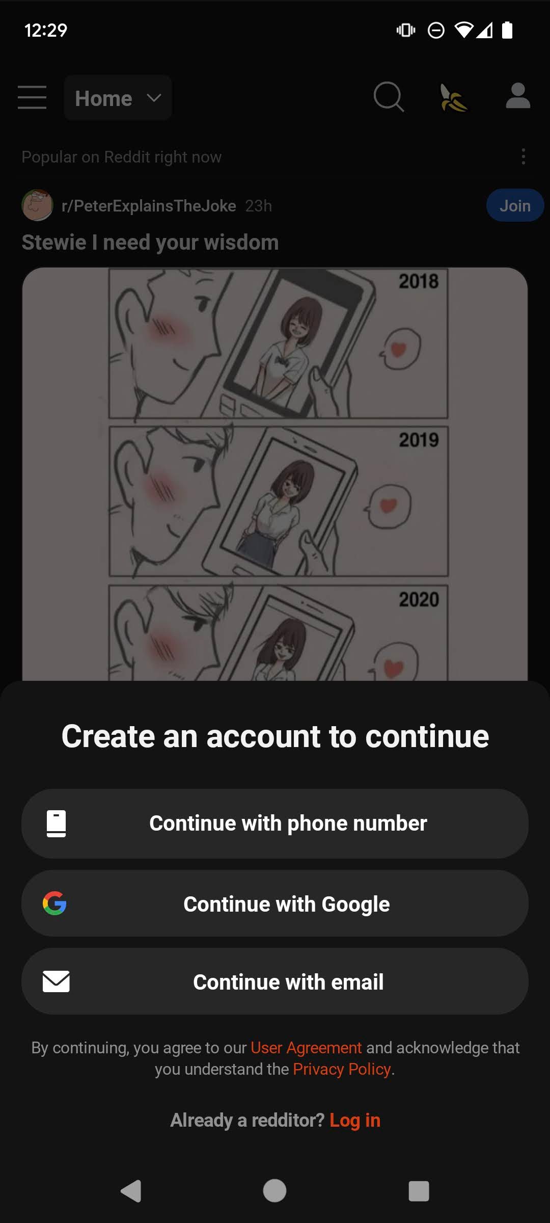 Reddit's create an account page on Android