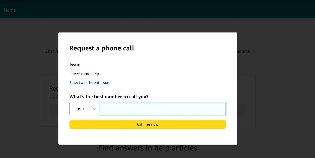 Request a phone call window on Amazon desktop website