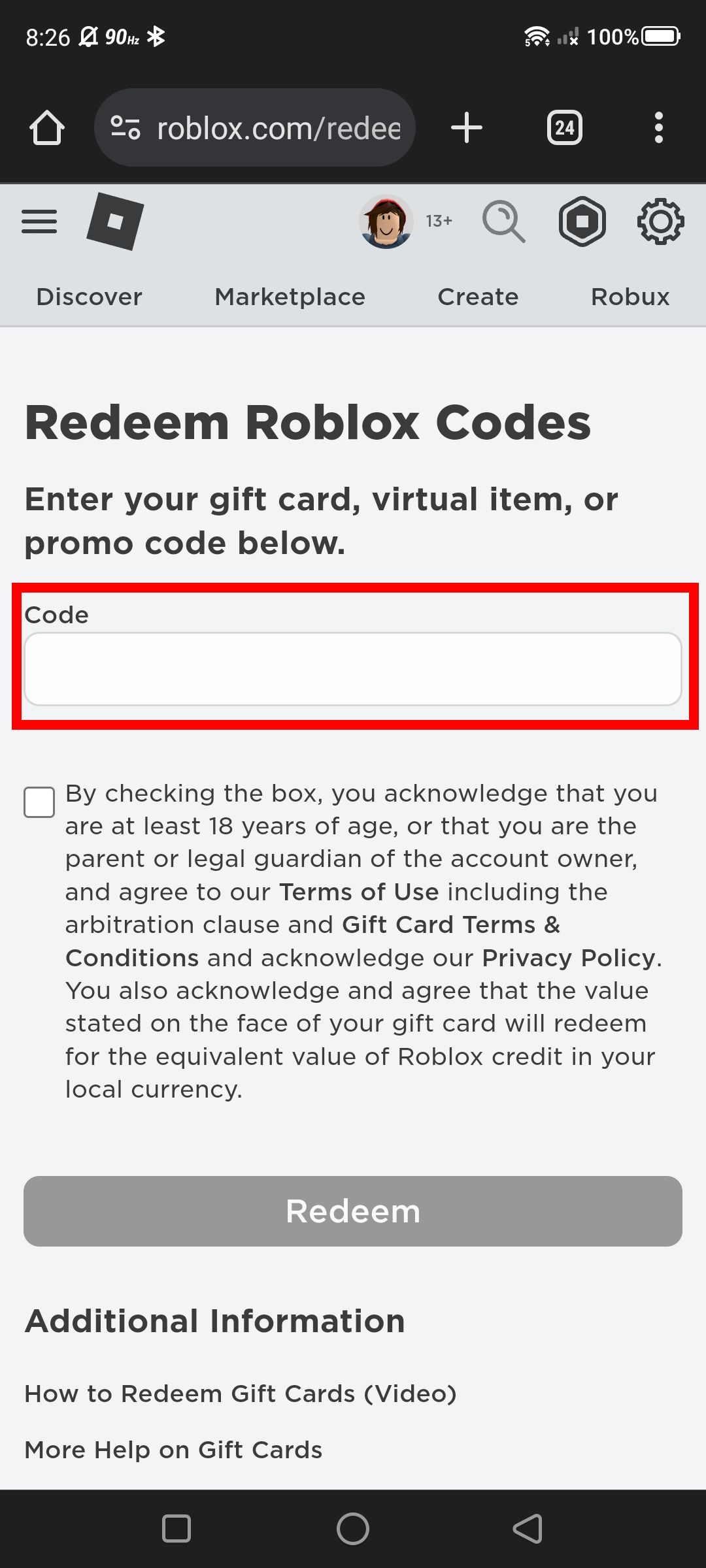 red rectangle outline over empty code field on redeem roblox codes page