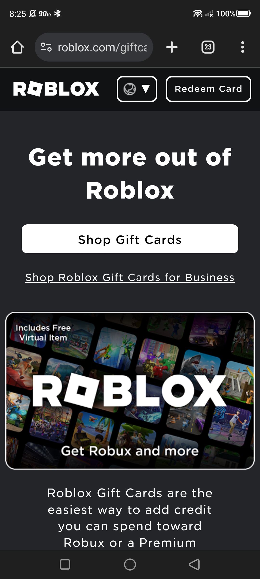 Roblox gift card page with redeem card option and shop for gift cards button