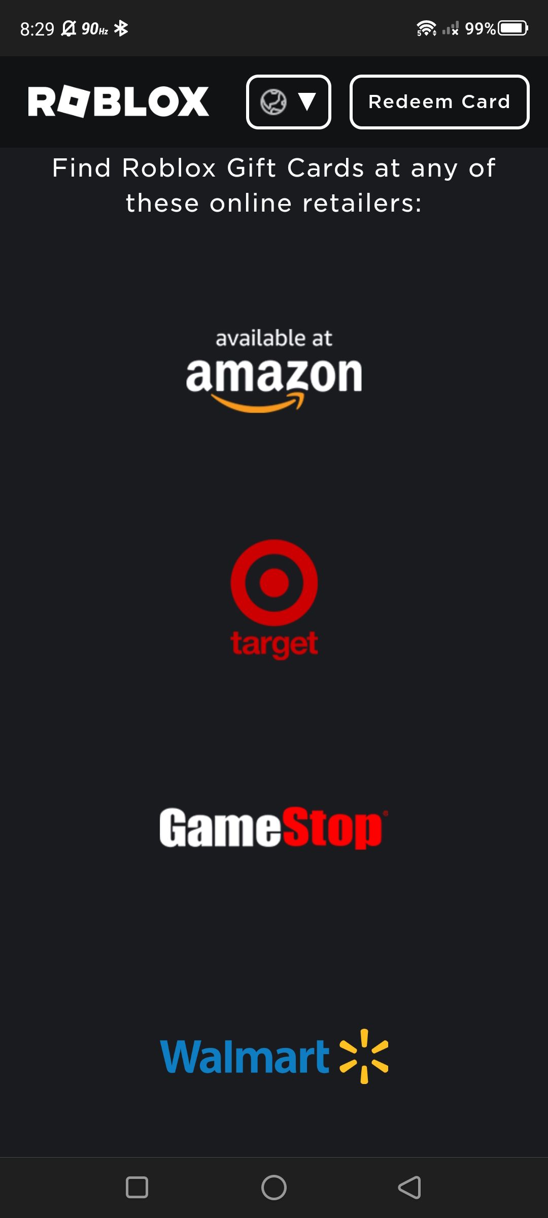 roblox retailer list for online gift card purchase showing amazon, target, gamestop, walmart