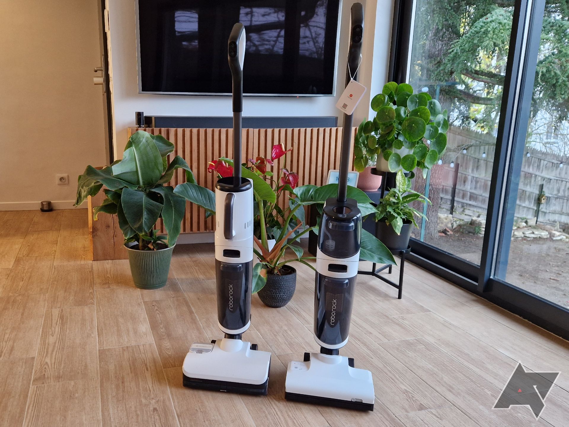 Picture of the Roborock Dyad Pro Combo and Dyad Air (right) next to each other, with plants and a TV in the background