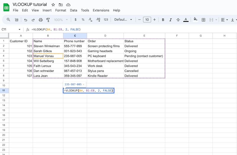 Running VLOOKUP function in Google Sheets to find customer phone number