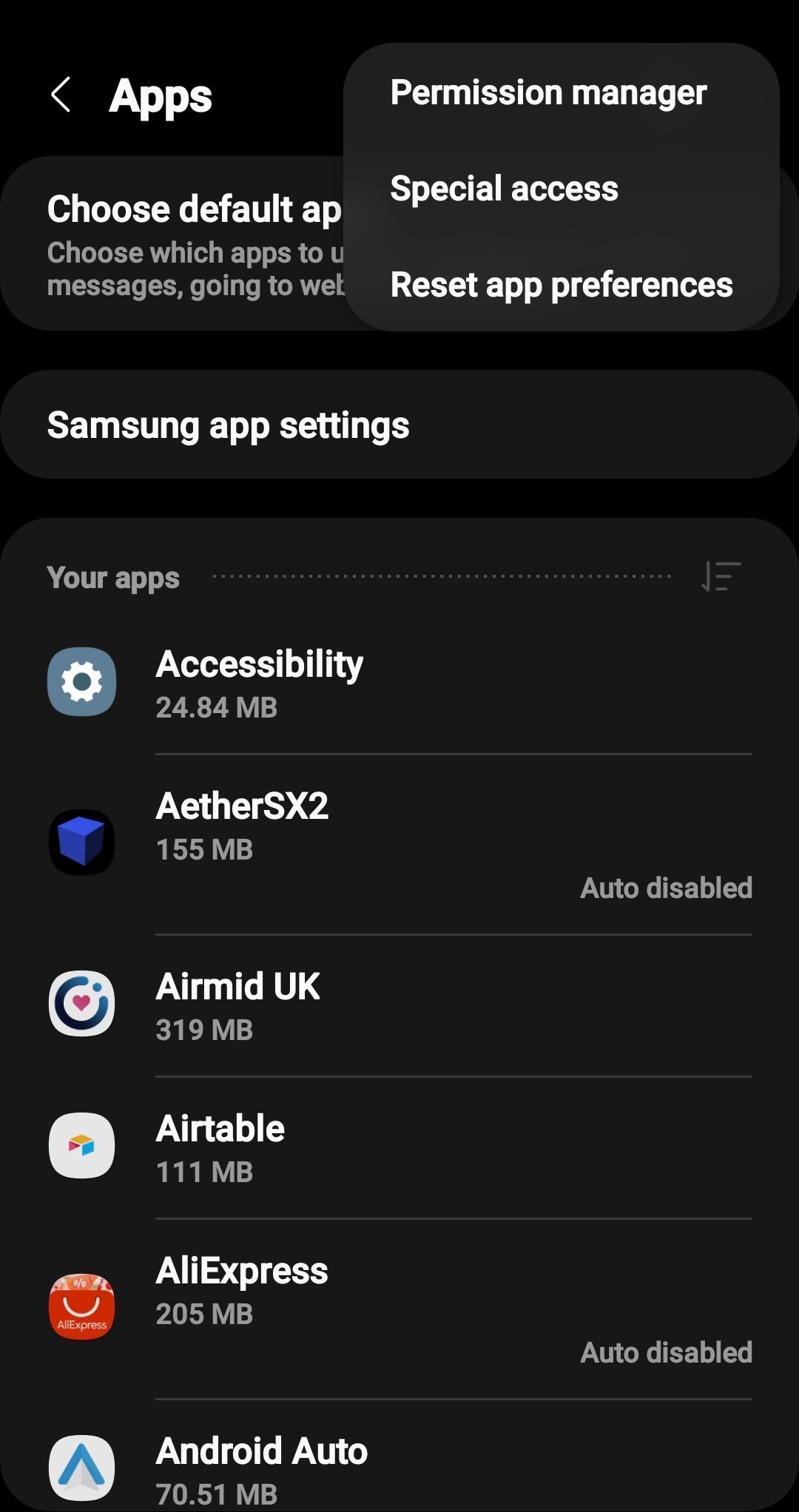 A screenshot of the Android Galaxy S10 app managment options menu 