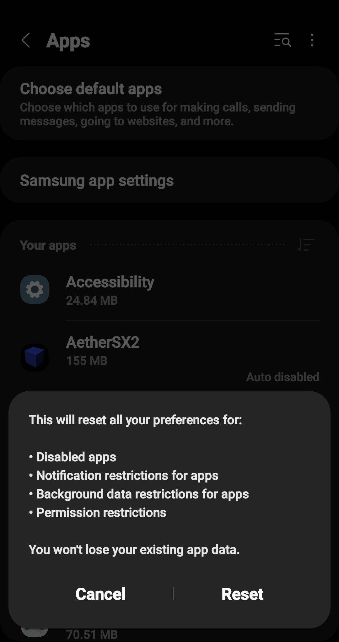 Screenshot of the Android Galaxy S10 app reset prompt