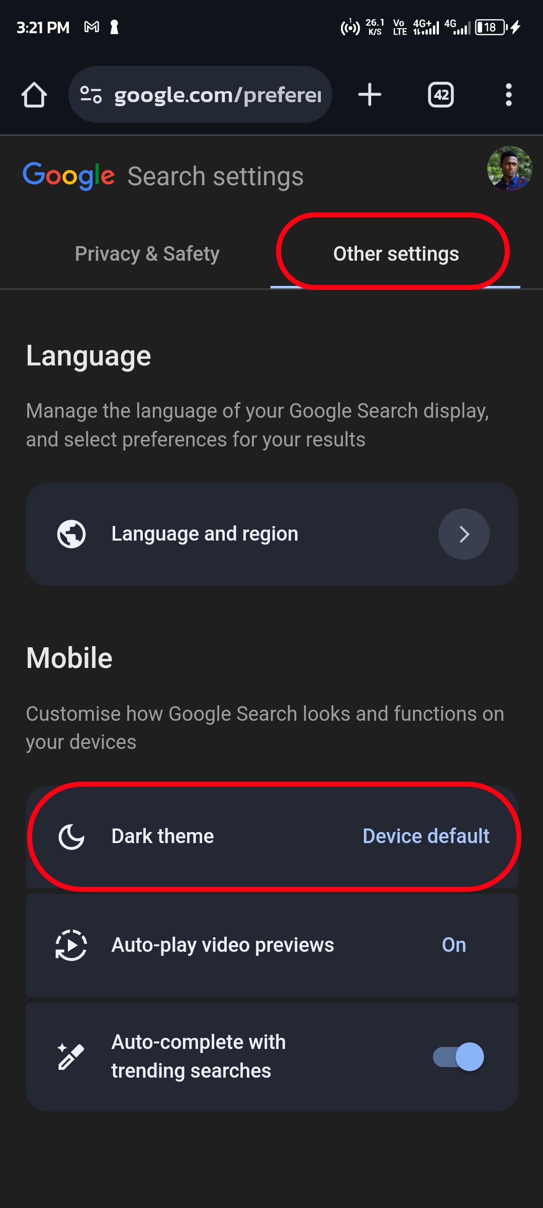 Customizing Google Search dark theme settings on mobile