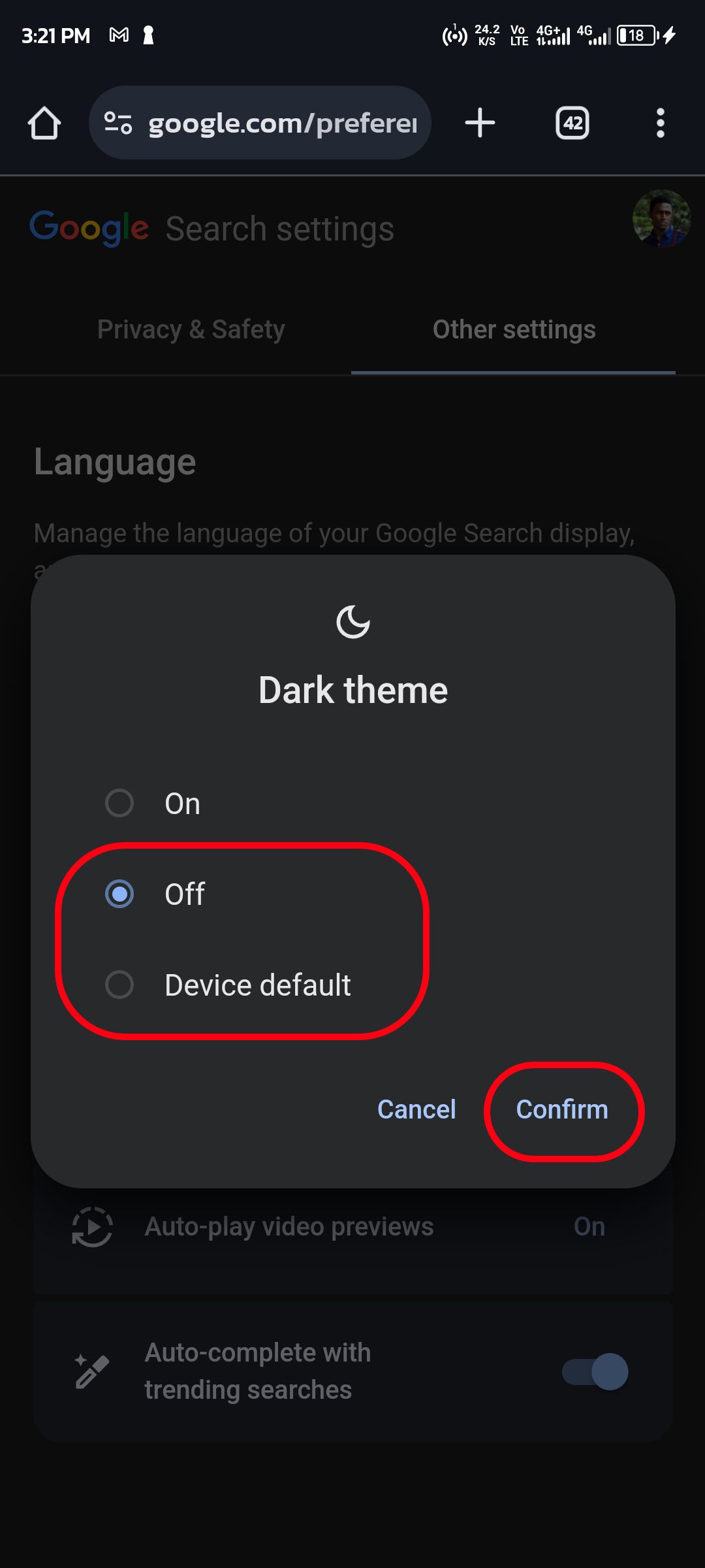 Customizing Google Search dark theme settings on mobile