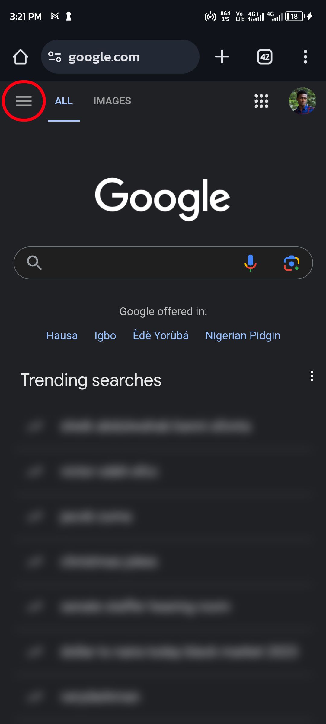Accessing Google Search menu on mobile