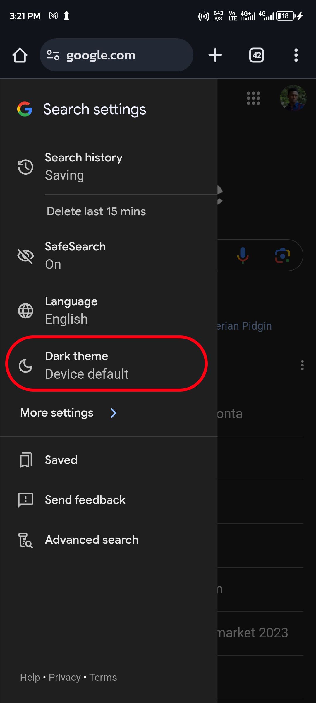 Accessing Google search dark theme settings on mobile 