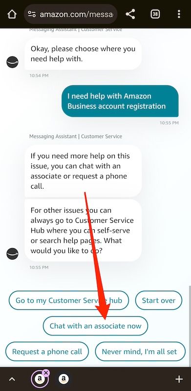 Selecting Chat with an associate now option on Amazon mobile website