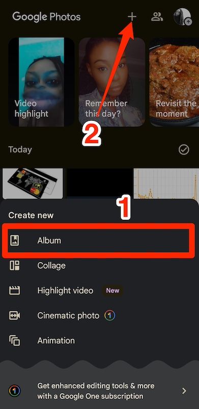 Selecting create new album option on Google Photos app