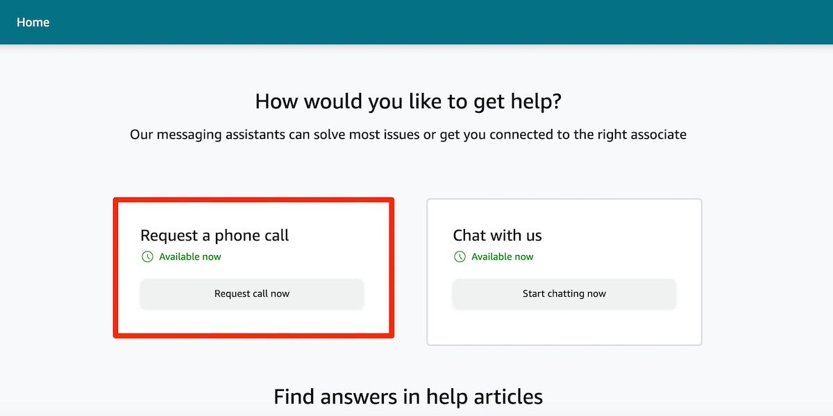 Selecting Request a phone call option on Amazon desktop website version