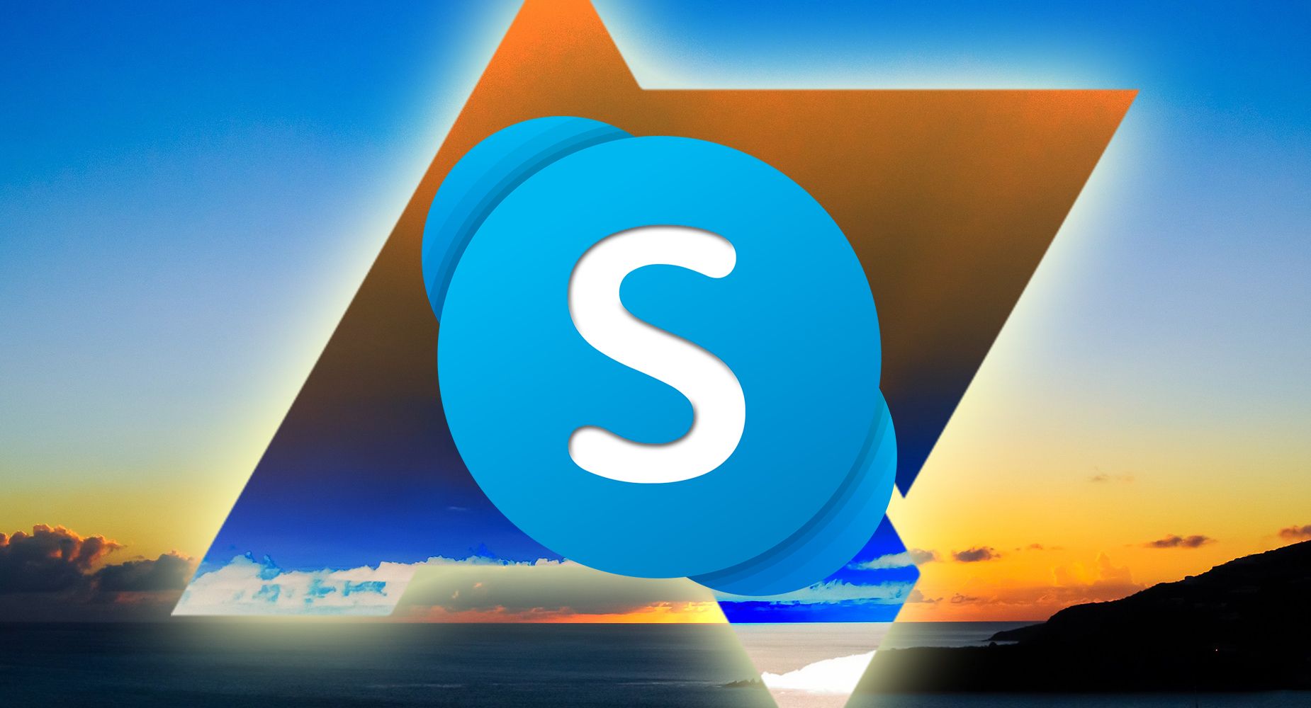 Skype logo over AP logo over a sunset