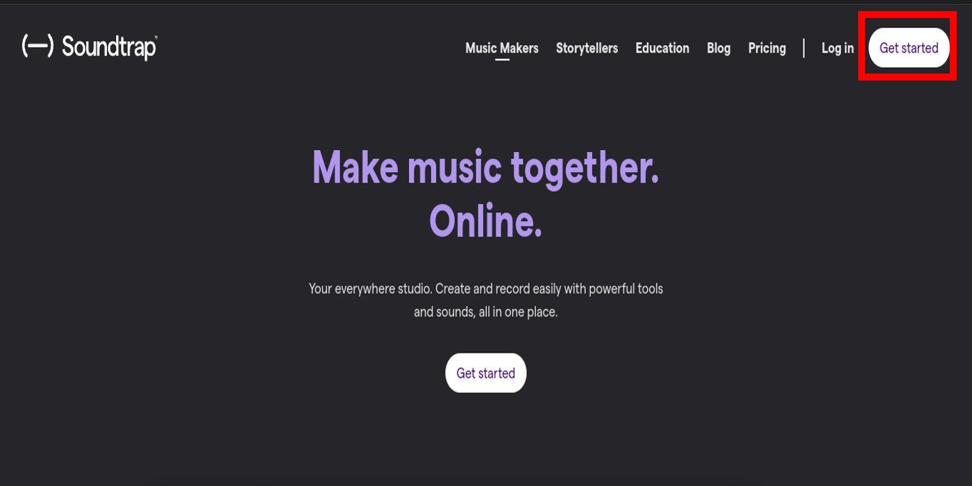 Screenshot of the Soundtrap.com dashboard with the get started button highlighted