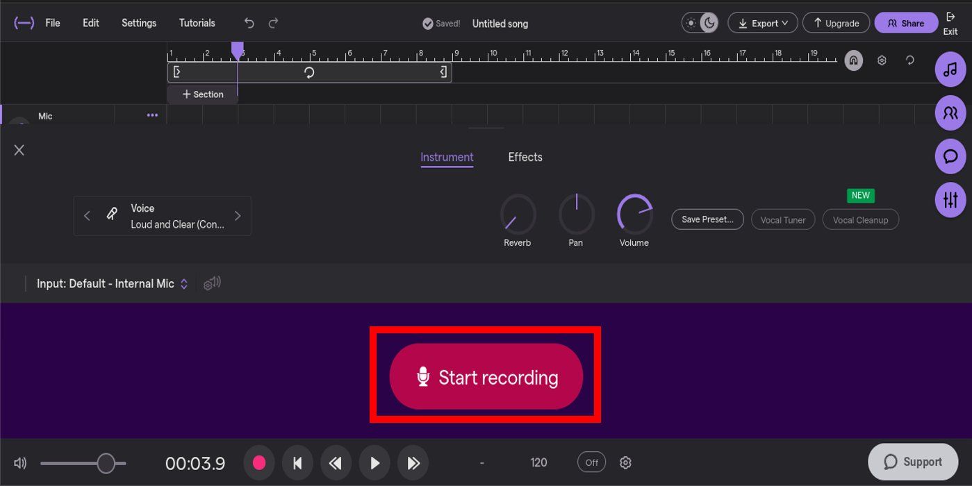 Screenshot of the Soundtrap.com new project creation interface with the record button highlighted