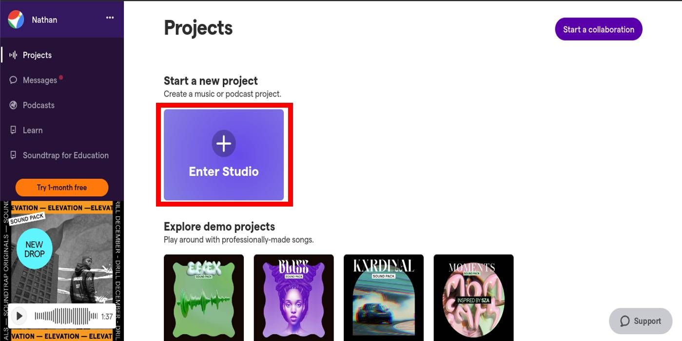 screenshot of the Soundtrap.com new project interface with the new project highlighted