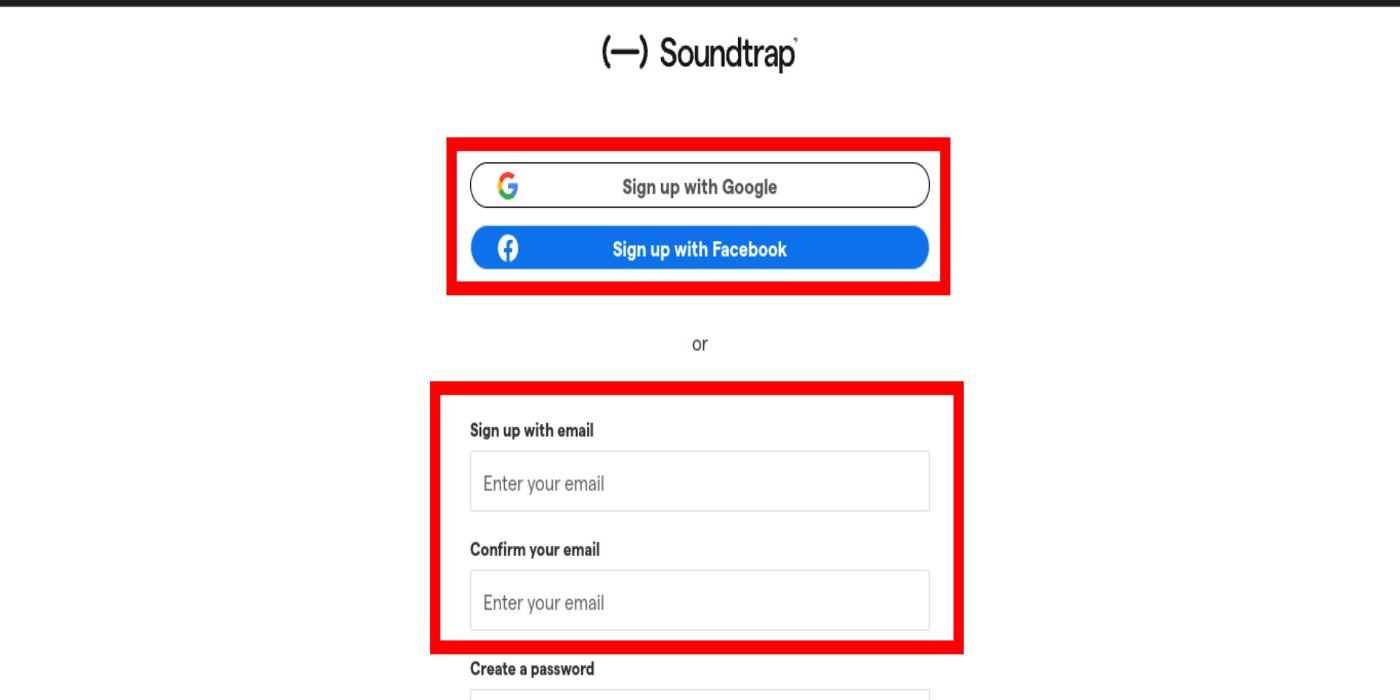 Screenshot of the Soundtrap.com signup interface with the facebook, google, and new account options highlighted