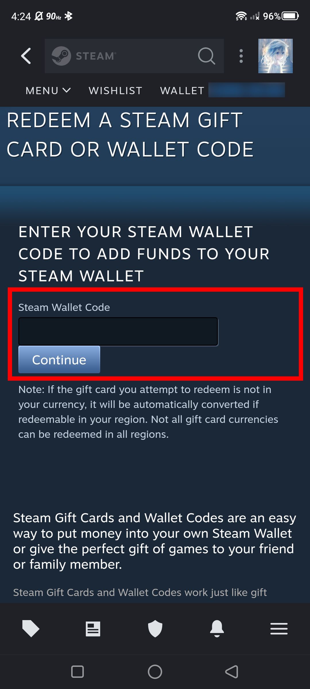 red rectangle over Steam wallet code field and continue button in steam mobile app