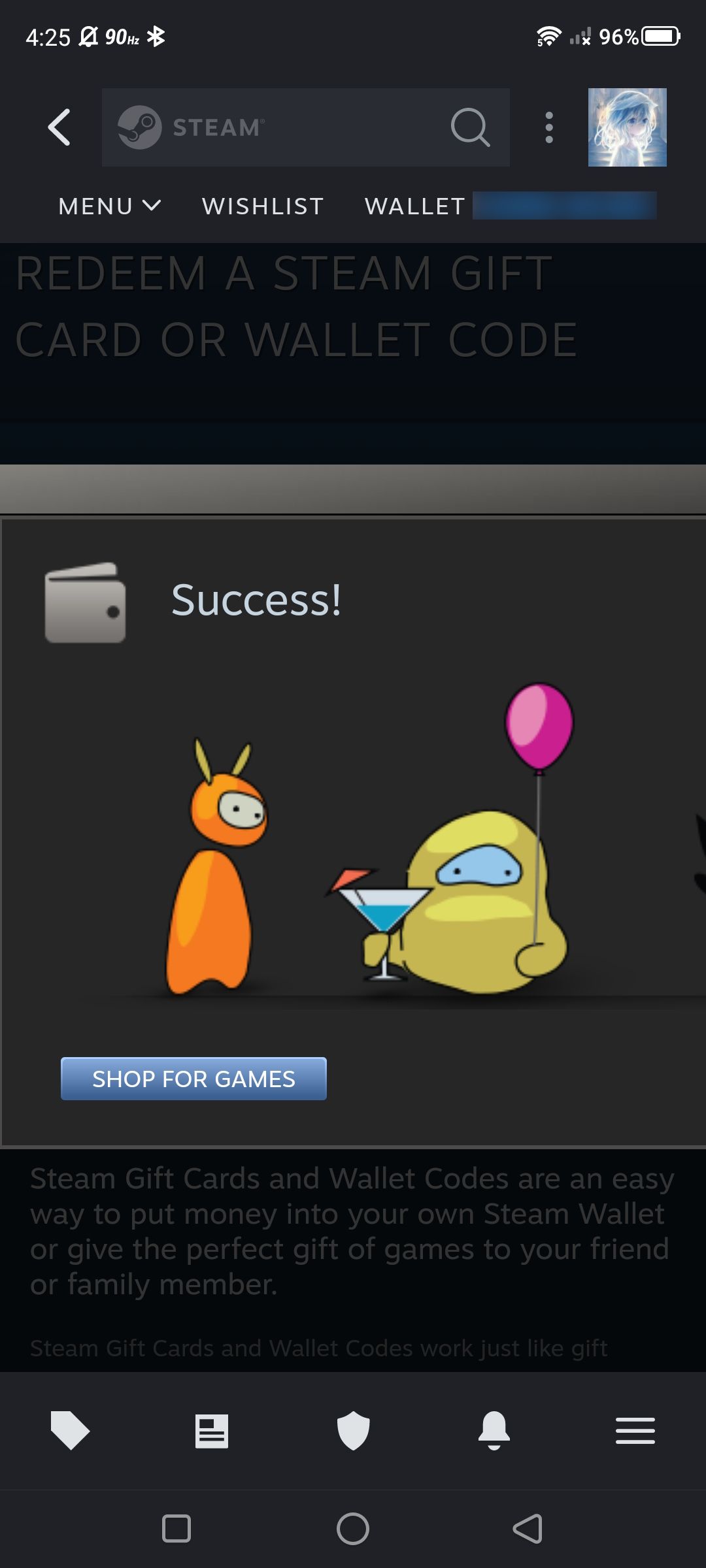 success pop up window after redeeming a steam key in the steam mobile app
