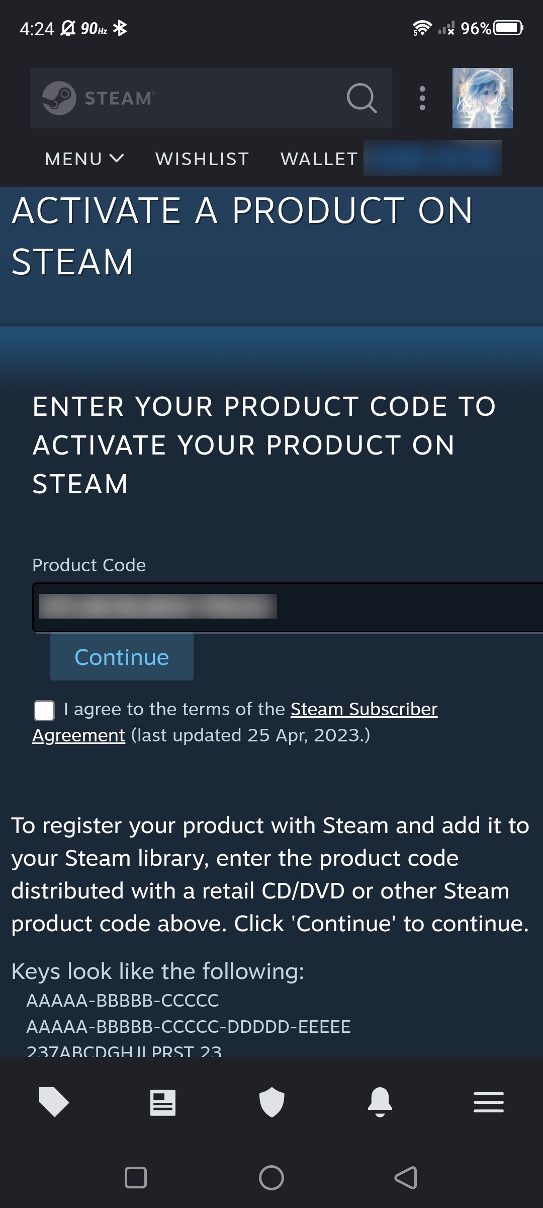 entered product code on activate your product on steam mobile app