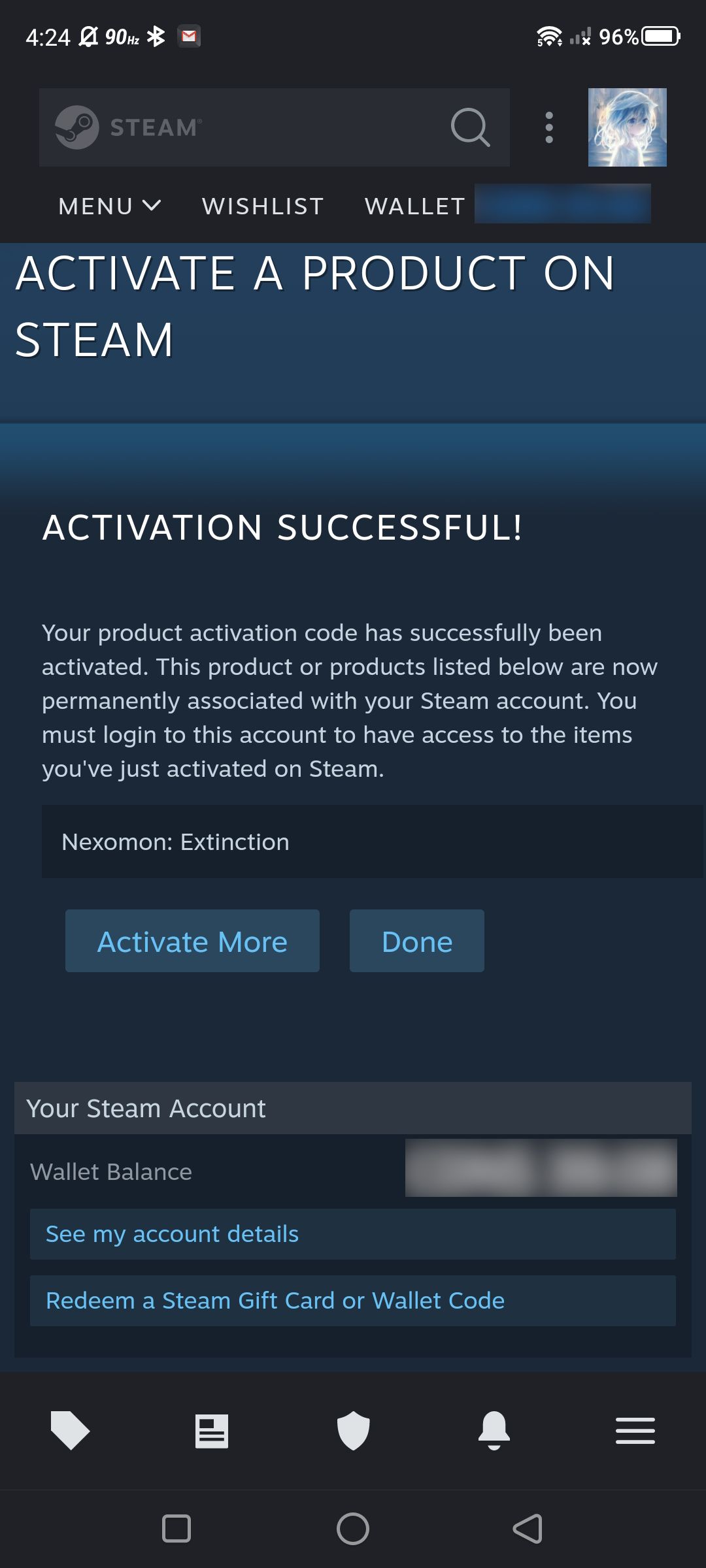 activation successful after redeeming nexoman: extinction steam key on mobile