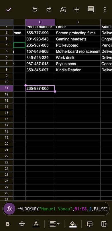 Successful VLOOKUP function result in Google Sheets mobile app