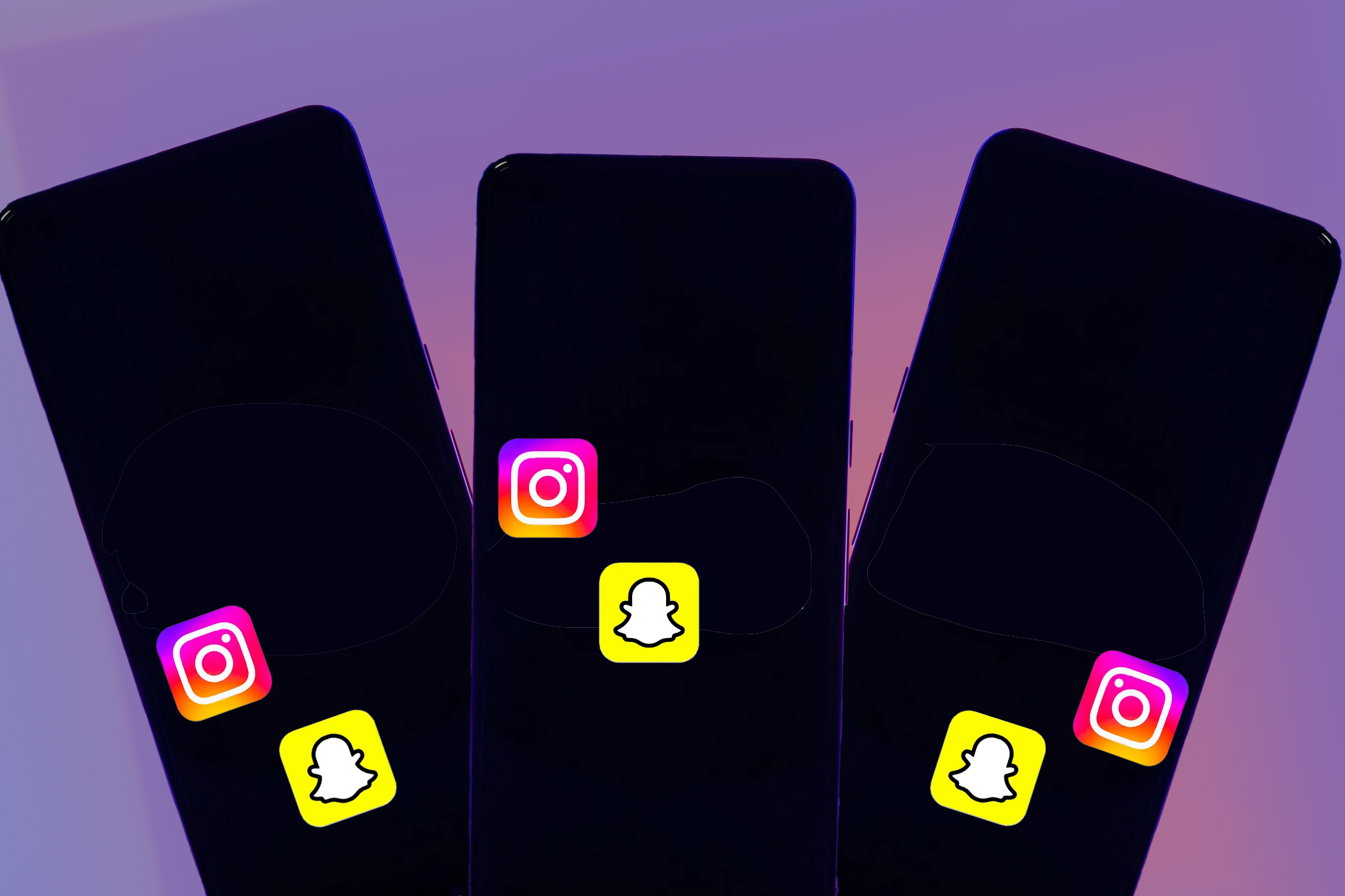An illustration of three phones with the same homescreen against a purple background.