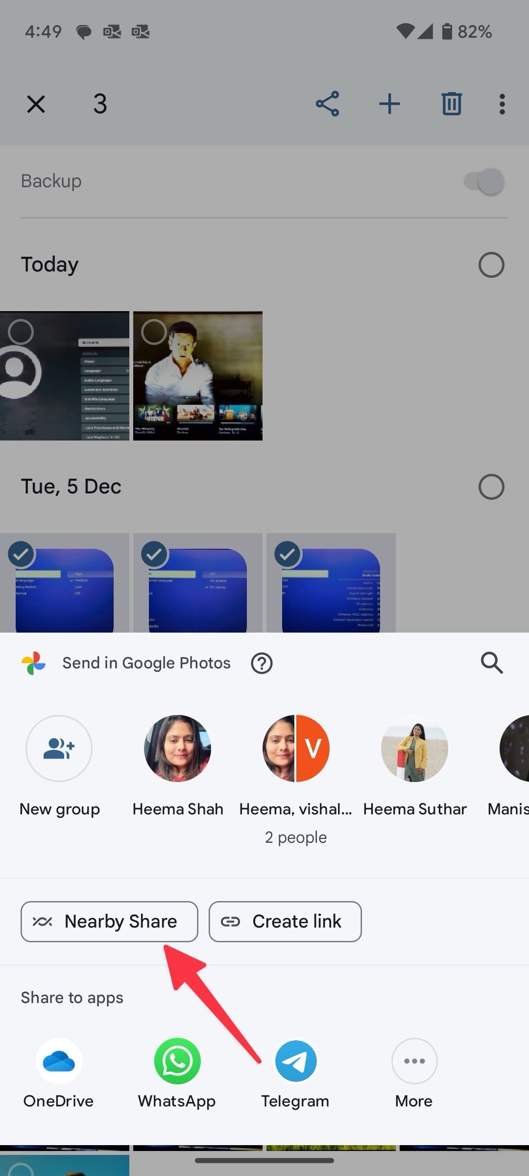 select nearby share on Google Photos