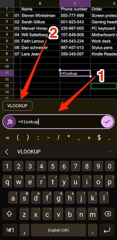 Typing VLOOKUP formula in Google Sheets mobile app