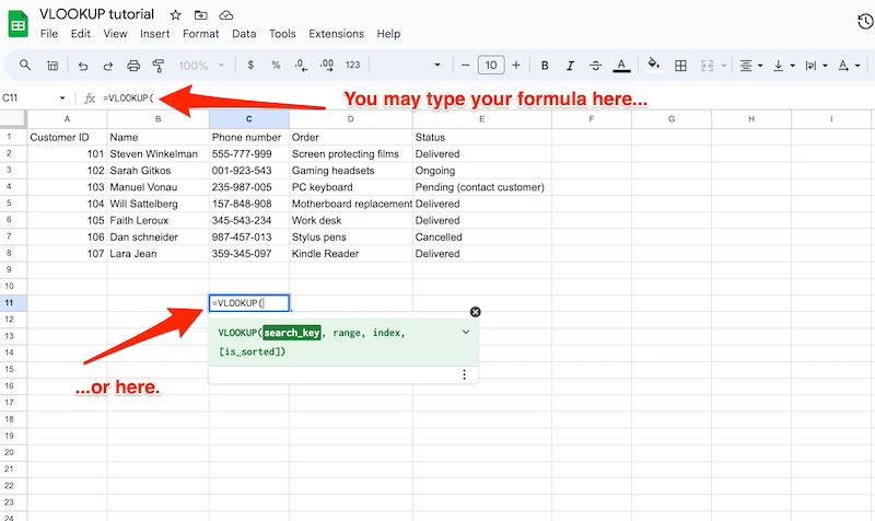 Typing VLOOKUP formula into Google Sheet