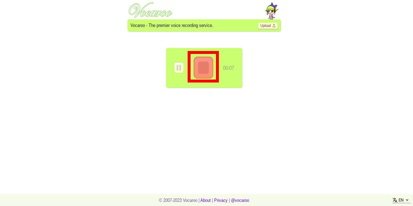 Screenshot of the Vocaroo website interface recording with a highlight around the stop recording button